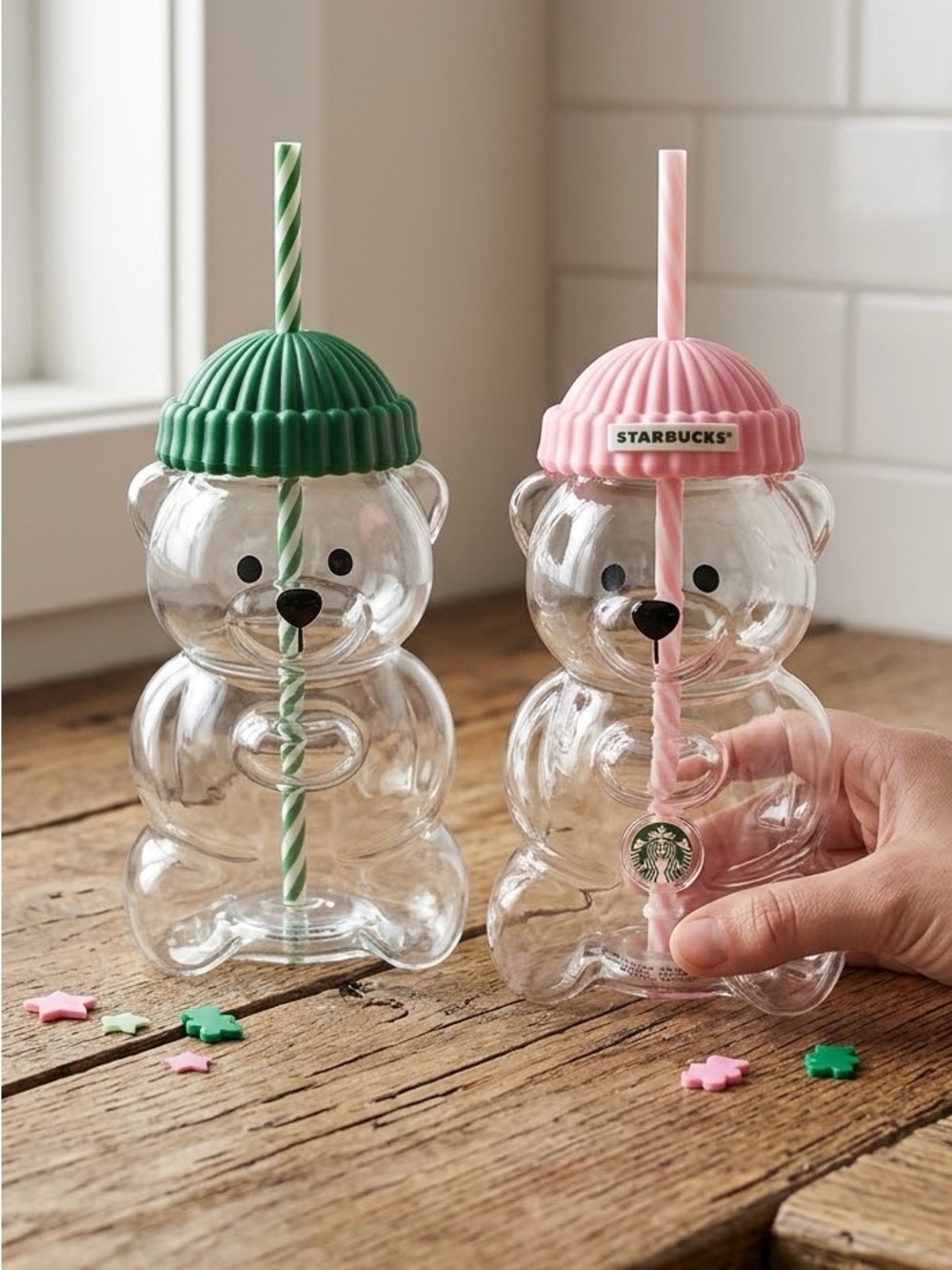 Starbucks 2x Bear-Shaped Reusable Cups with Green Pink Lids lot bundle
